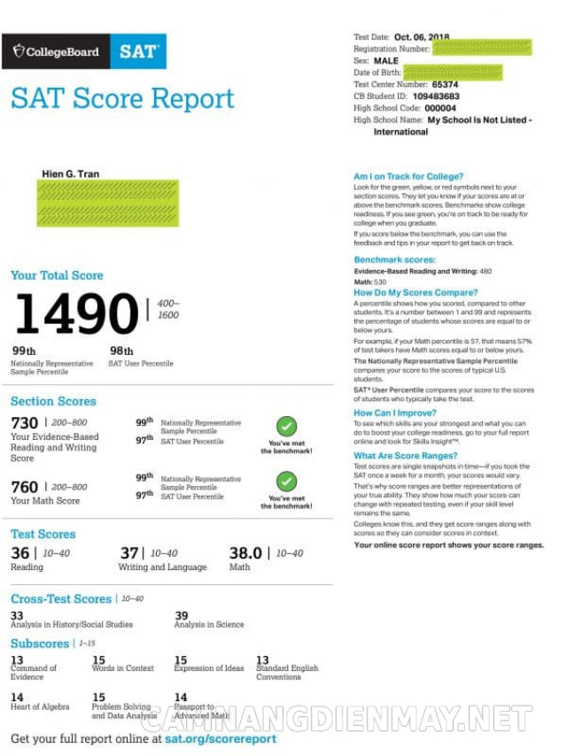 Thang điểm cao nhất của SAT là 1600 bao gồm phần đọc hiểu và ngôn ngữ 400 và phần toán học 800